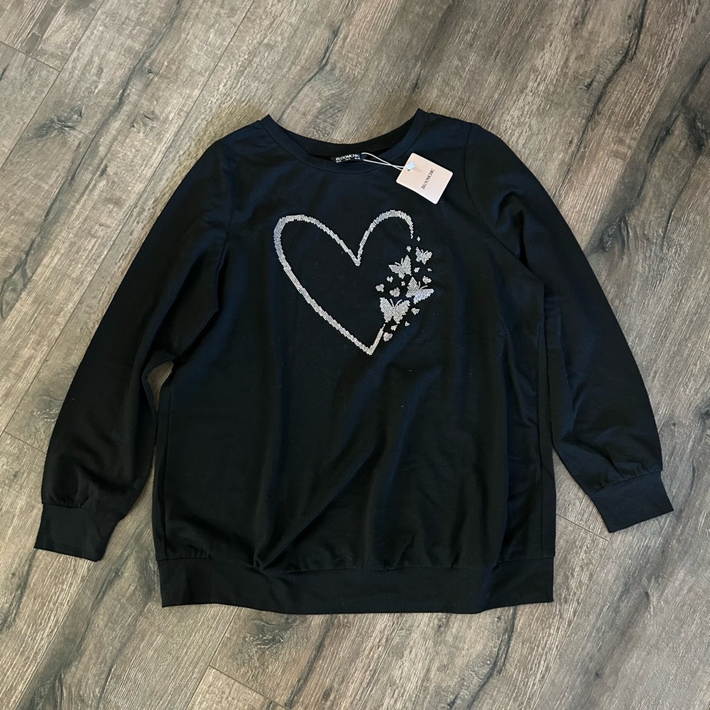 BloomChic Black Sweater with Heart and Butterfly Design